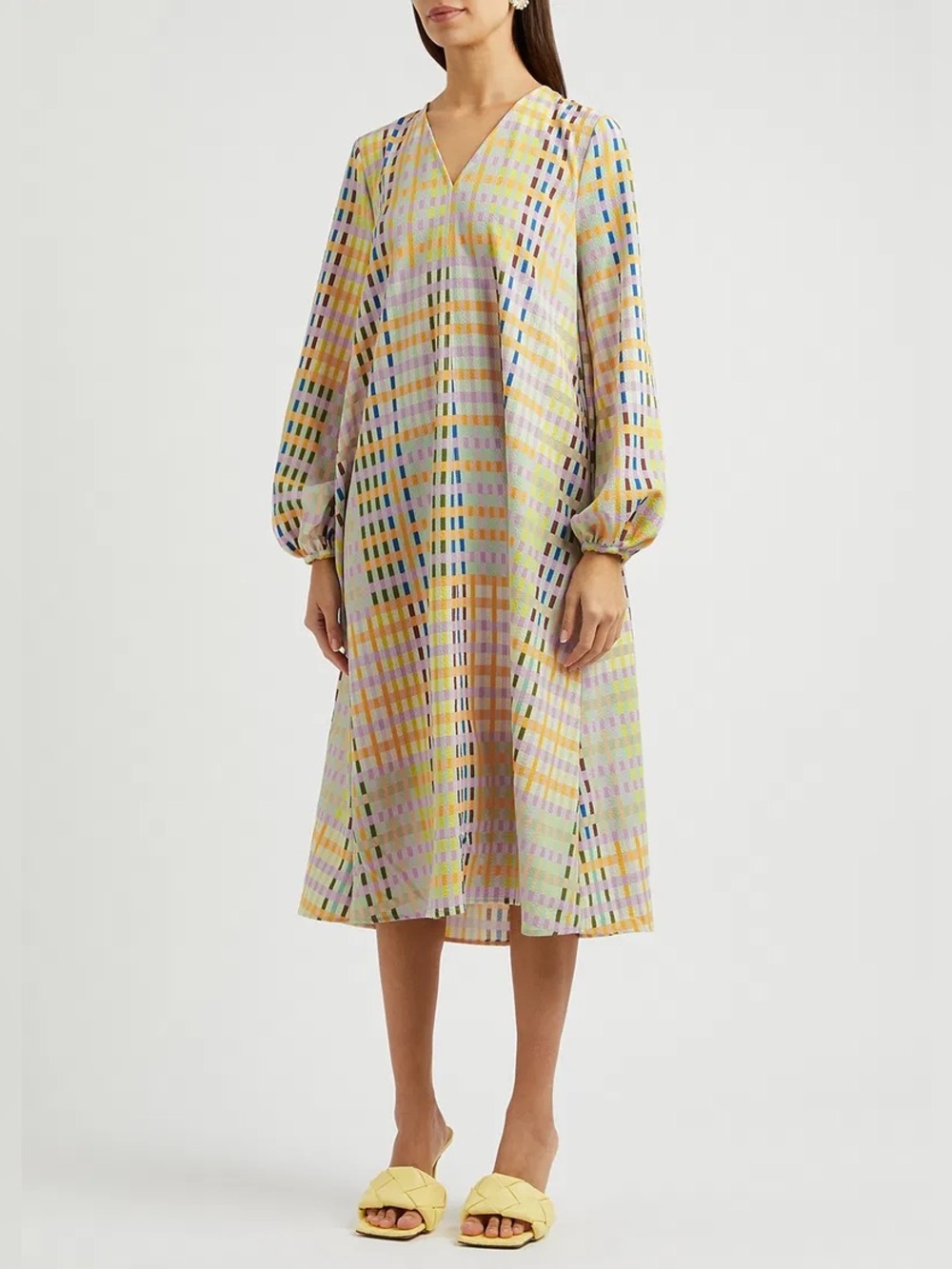 Stine Goya Multicolor Plaid V-Neck Midi Dress